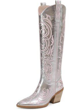 Women's Silver Rubber Cowgirl Knee High Pointed Toe Block Heel Embroiderd Boots